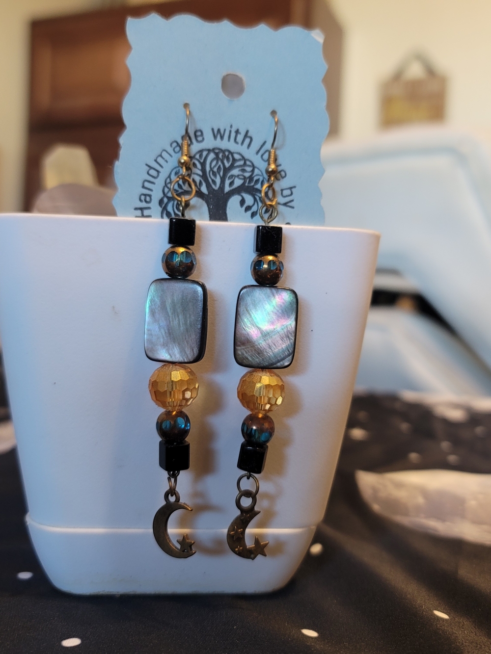 Handmade Gold and Abalone Shell Moon Drop Earrings